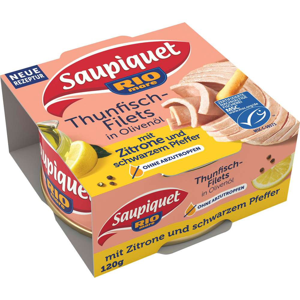 Produktabbildung Saupiquet Thunfisch-Filets in Olivenöl mit Zitrone & schwarzem Pfeffer