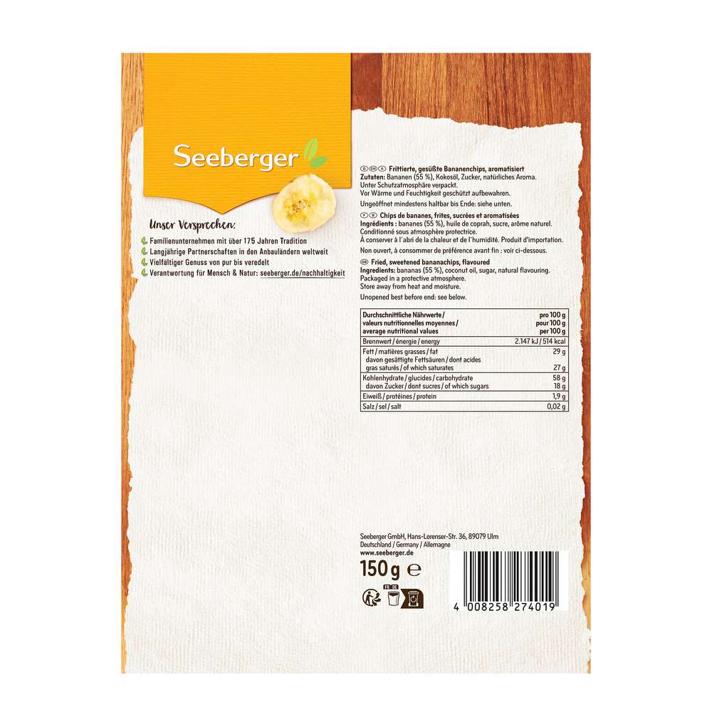 Produktabbildung Seeberger Bananenchips, gesüßt & getrocknet