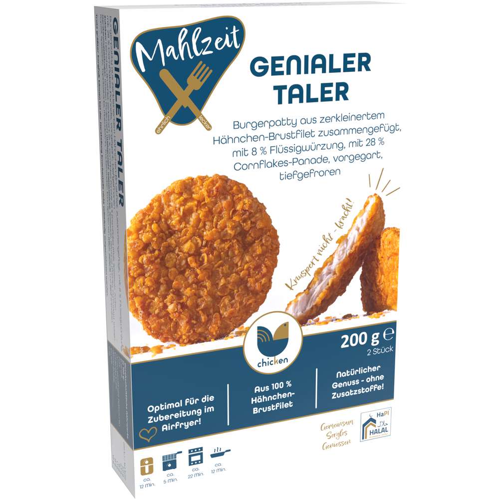 Produktabbildung Mahlzeit Genialer Taler Burgerpatty, Hähnchen-Brustfilet, tiefgekühlt