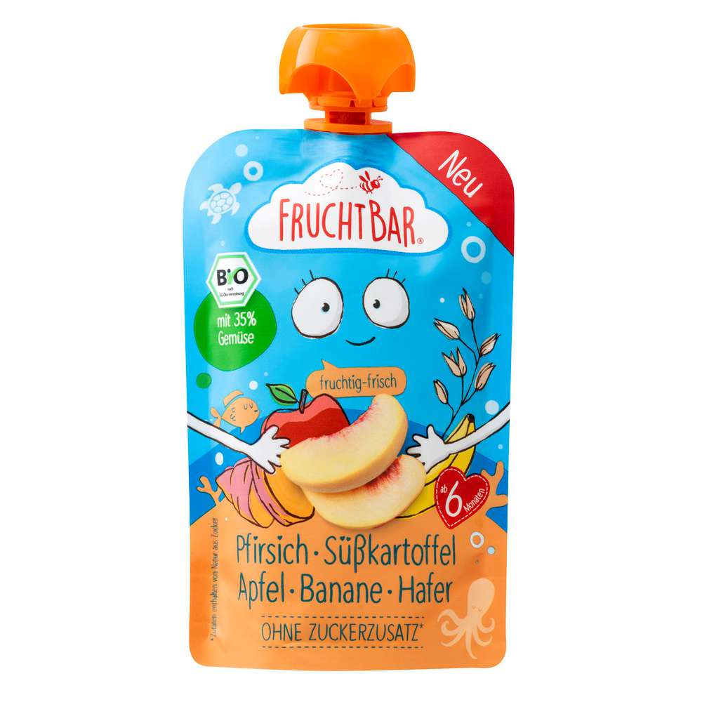 Produktabbildung Fruchtbar Quetschie, Pfirsich/Süßkartoffel/Apfel/Banane/Hafer
