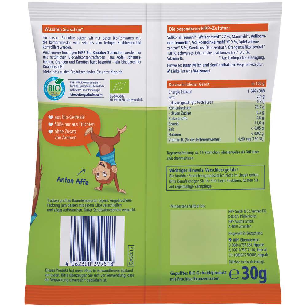 Produktabbildung Hipp Bio Knabber-Sternchen, Apfel, Orange & Johannisbeeren