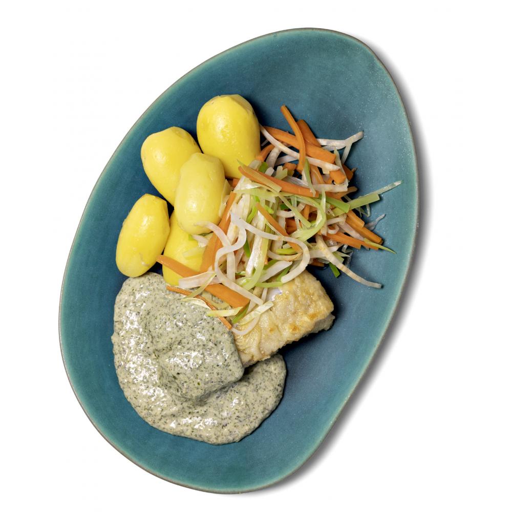 Produktabbildung GLOBUS Tagesgericht Freitag: Seelachs mit Pestosahnesauce und Gemüsejulienne, dazu Salzkartoffeln