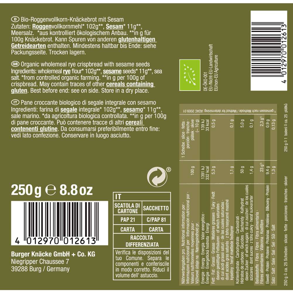 Produktabbildung Burger Bio Knäckebrot, Sesam