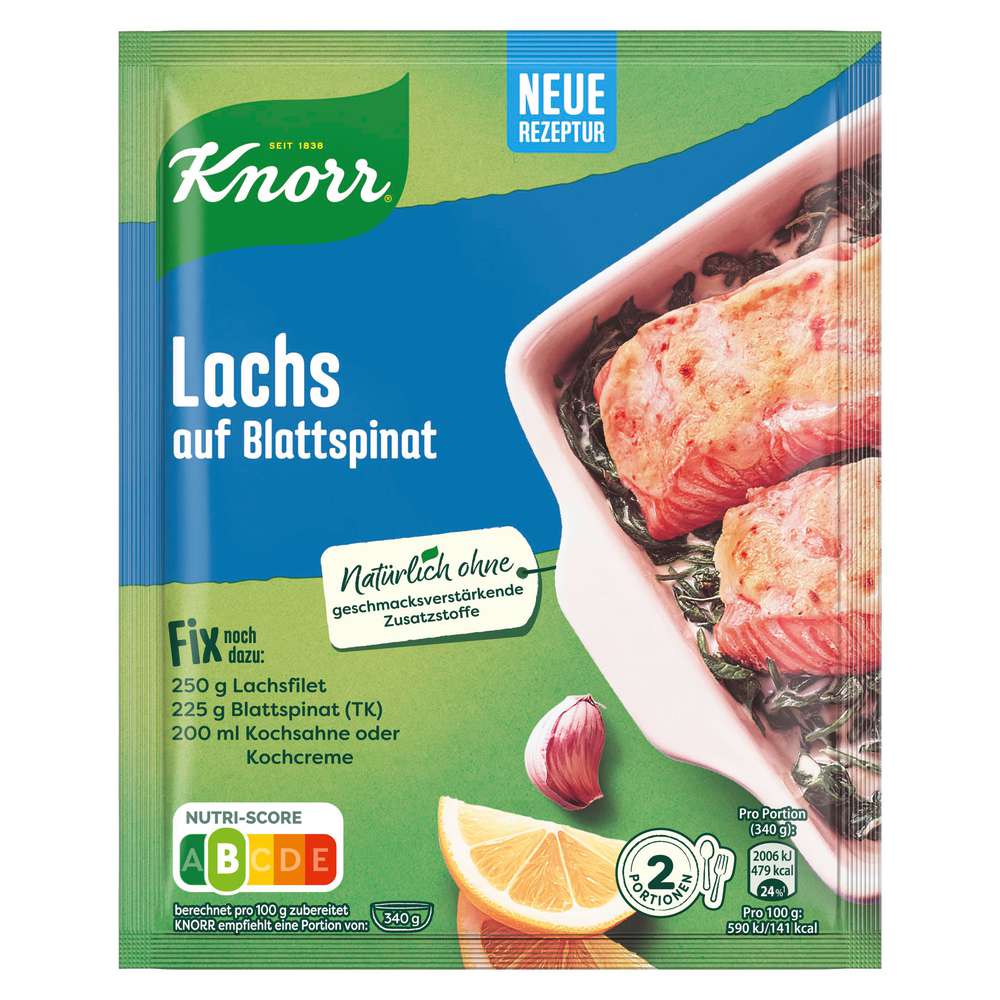 Produktabbildung Knorr Fix Würzmischung Lachs auf Blattspinat