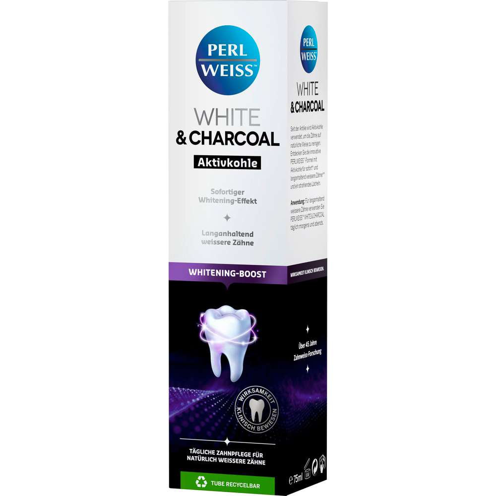 Produktabbildung Perlweiss Zahncreme White und Charcoal, Aktivkohle-Whitening Boost