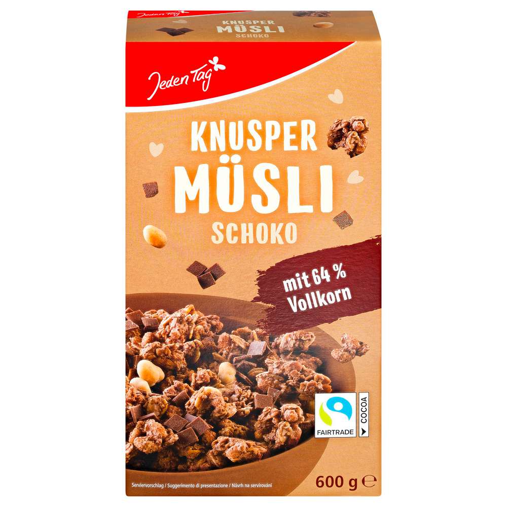 Produktabbildung Jeden Tag Knuspermüsli Schoko mit Schokoladenplättchen und Mandeldragees