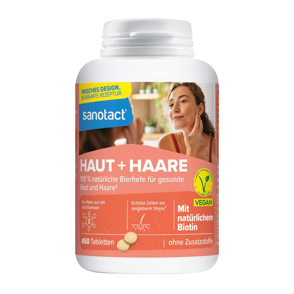 Produktabbildung sanotact Haut + Haare 100% natürliche Bierhefe & Biotin Tabletten