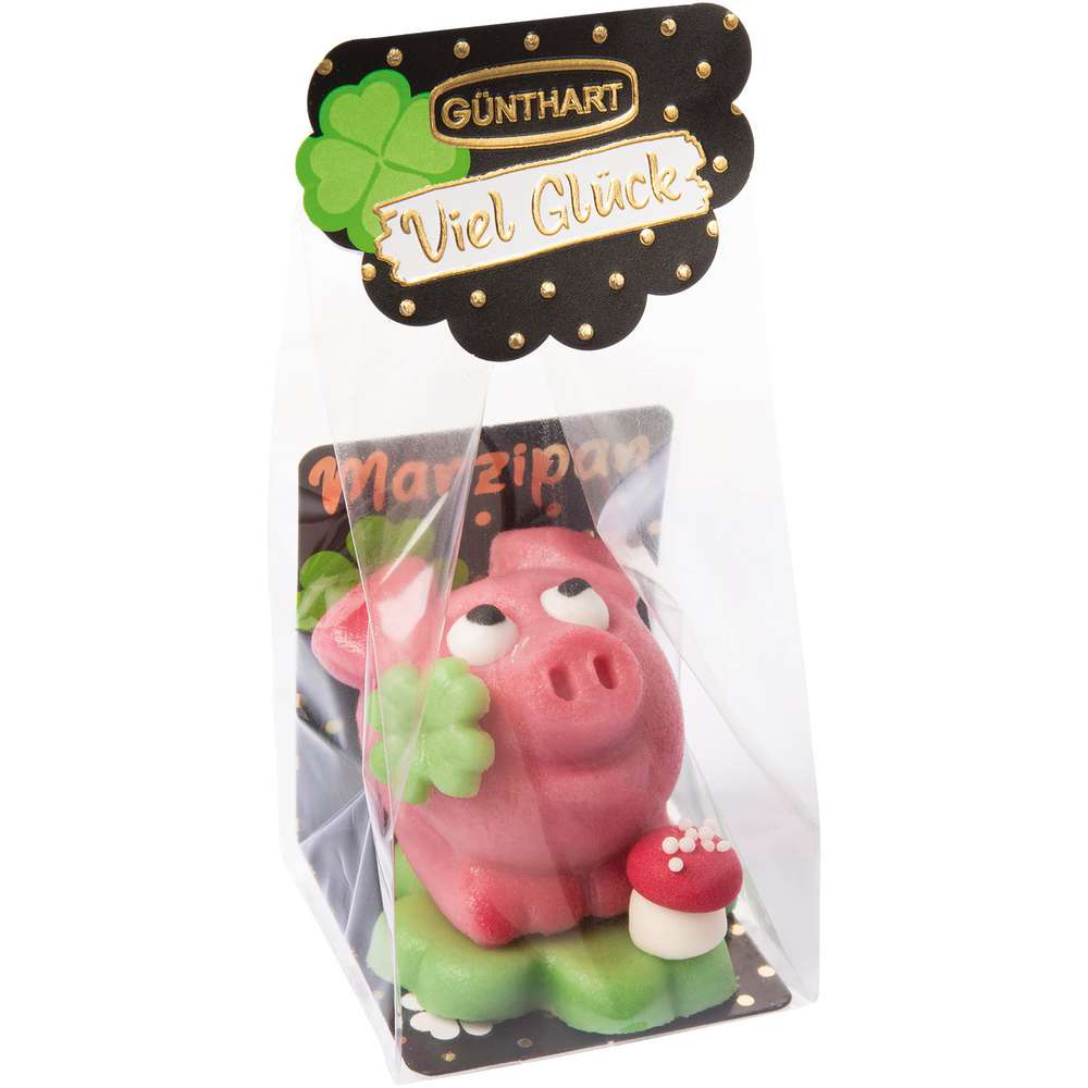Produktabbildung Günthart Marzipan Schweinchen auf Kleeblatt
