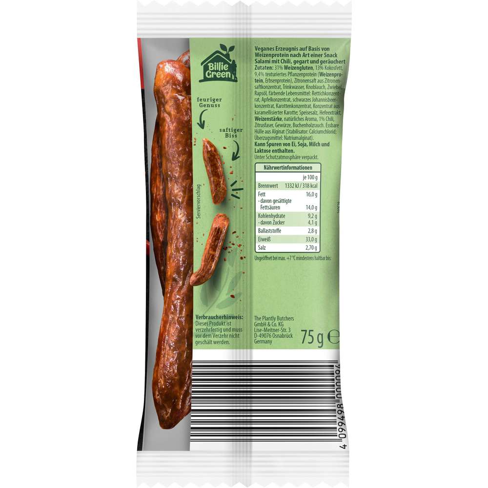 Produktabbildung Billie Green Veganer Snack Salami Style, Chili