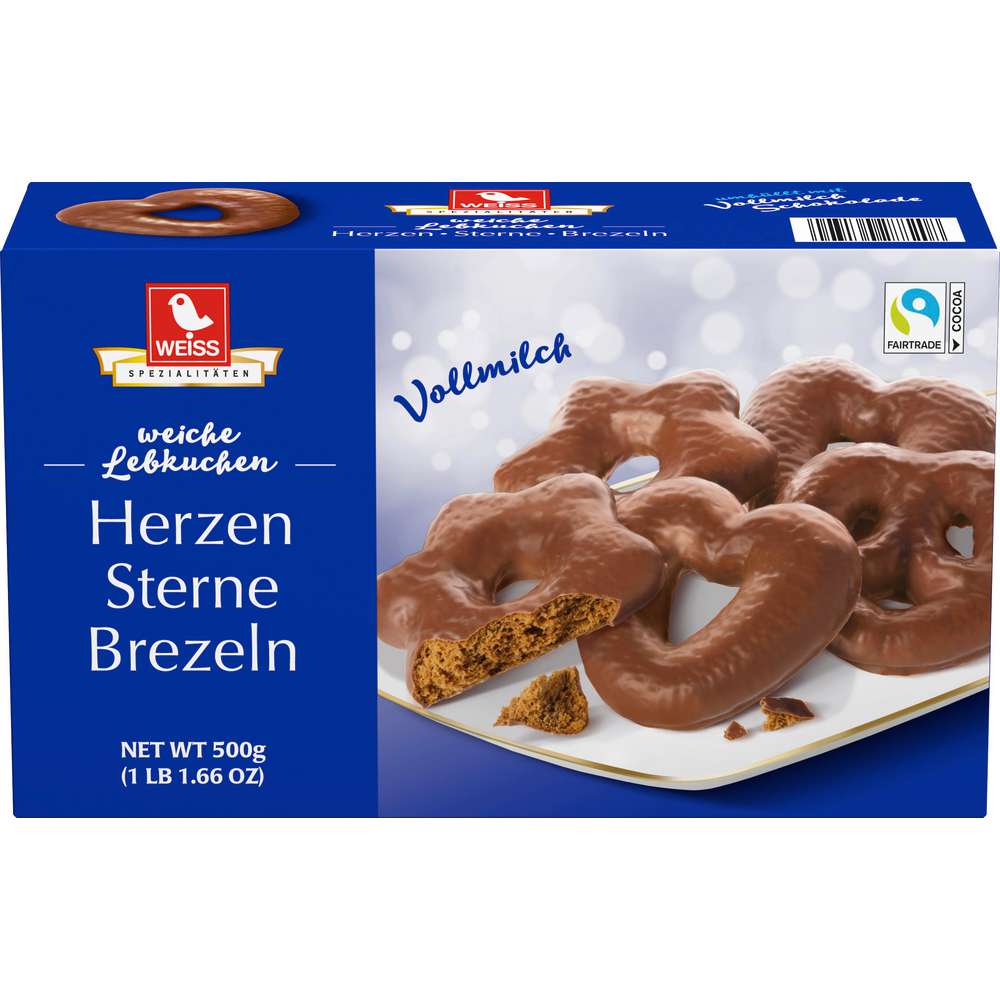 Produktabbildung Weiss Lebkuchen Herzen/Sterne/Brezeln, Vollmilch