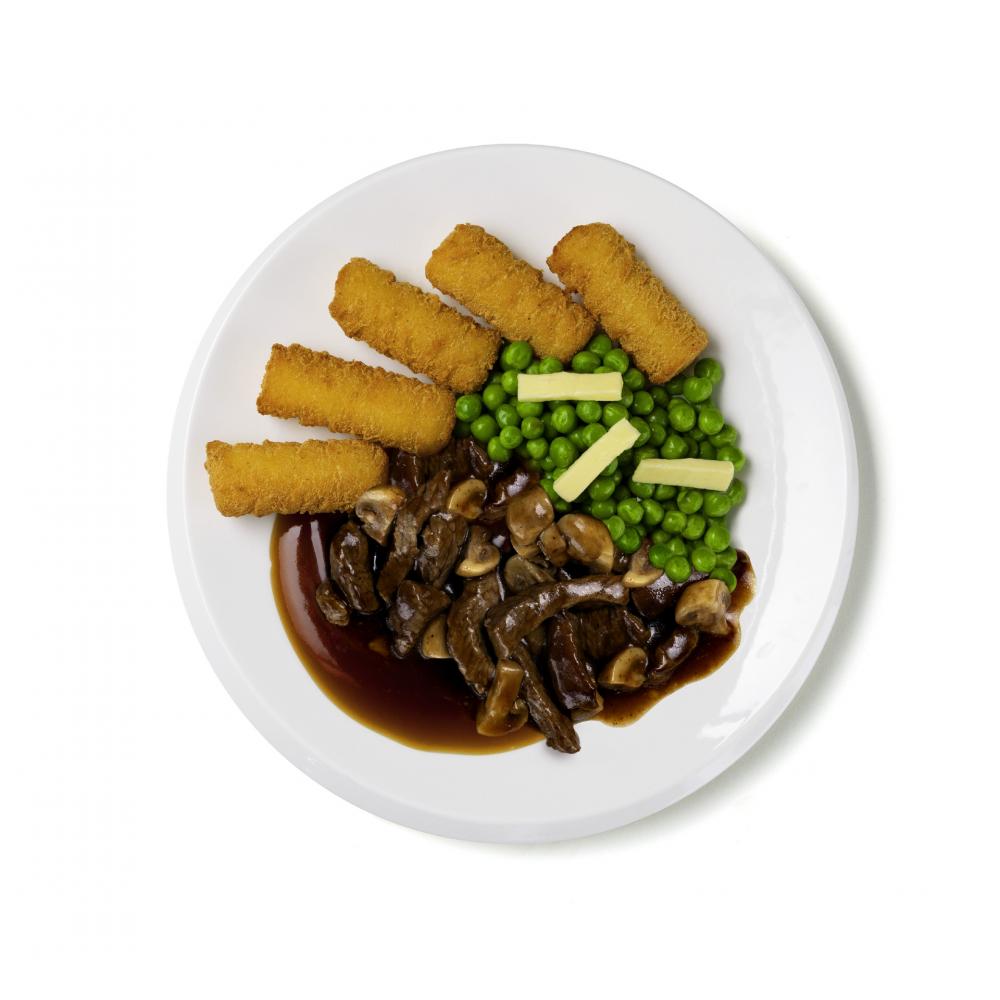 Produktabbildung GLOBUS Tagesgericht Mittwoch: Rindergeschnetzeltes Stroganoff Art, mit Buttererbsen und Kroketten