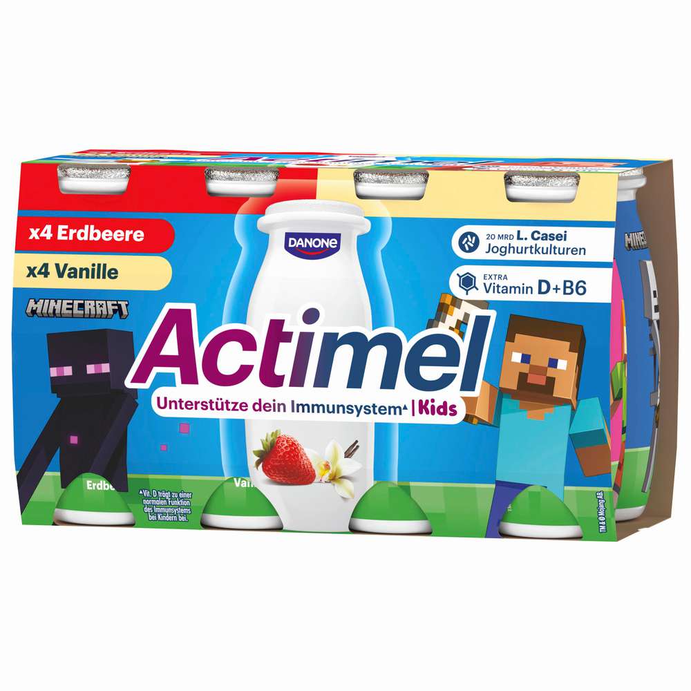 Produktabbildung Danone Actimel Trinkjoghurt Kids, Vanille und Erdbeere