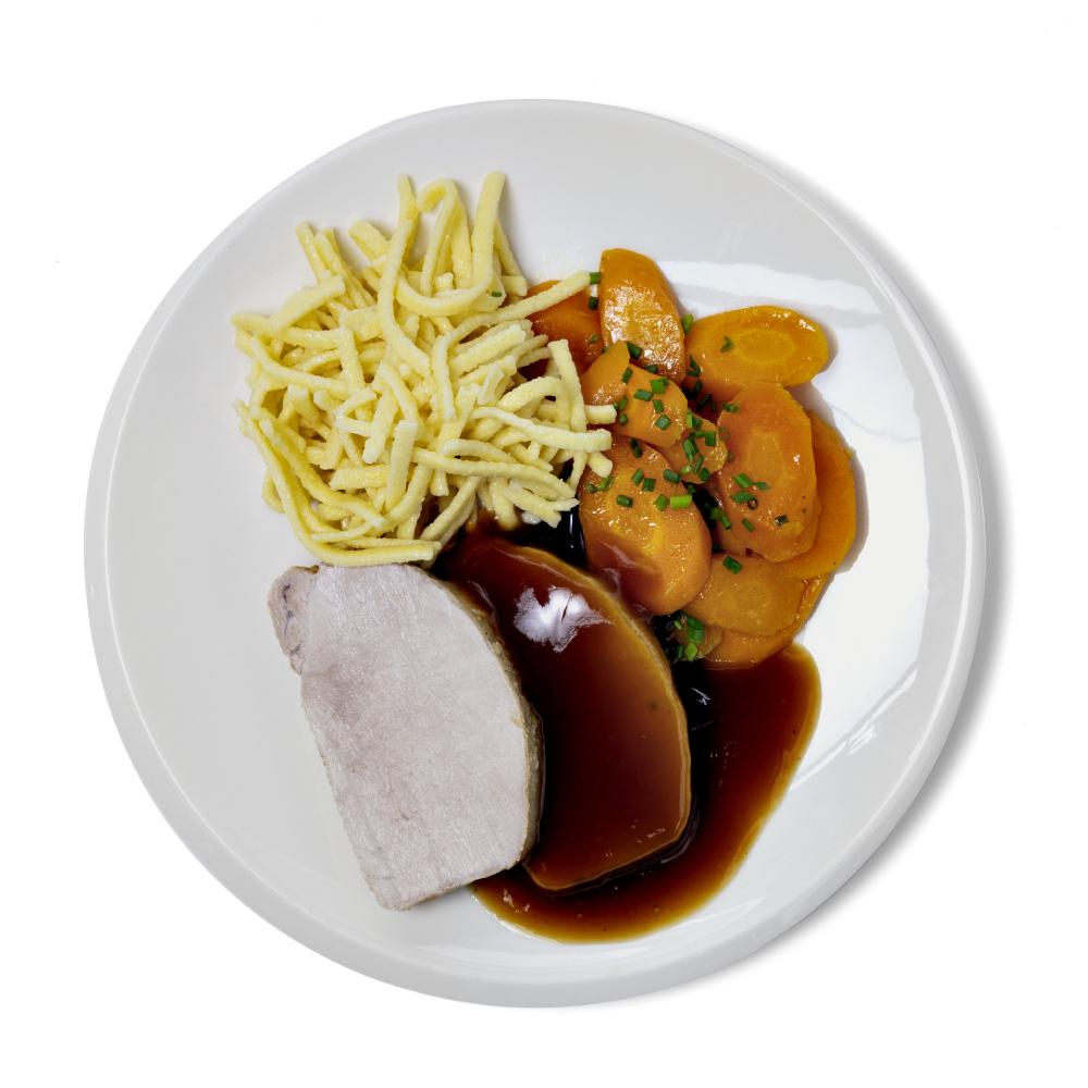 Produktabbildung GLOBUS Tagesgericht Donnerstag: Schweinebraten mit Altbiersauce, Karottengemüse und Spätzle