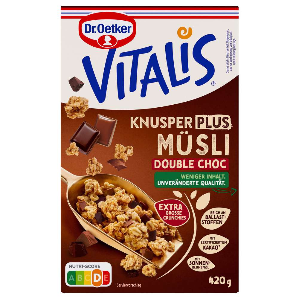 Produktabbildung Dr. Oetker Vitalis Knusper Plus Müsli Double Choco