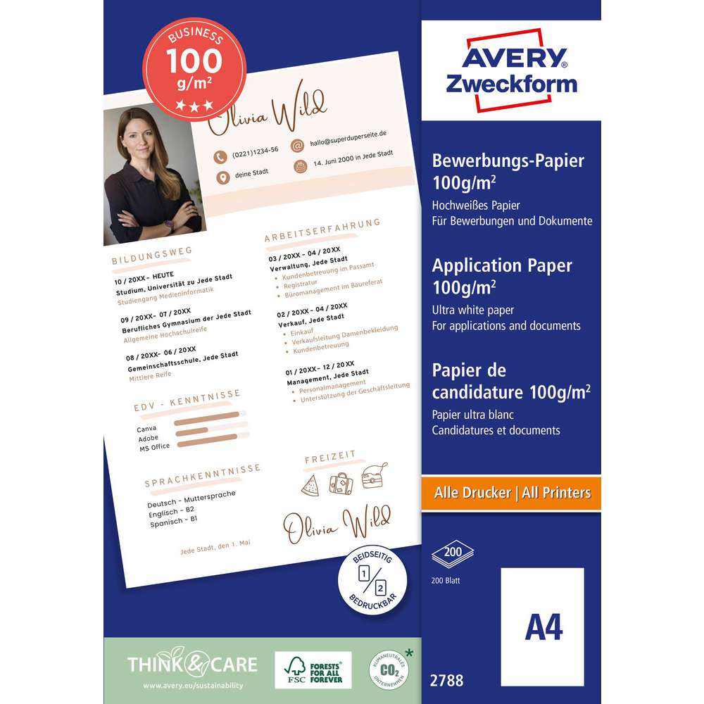 Produktabbildung Avery Zweckform Bewerbungspapier, DIN A4, beidseitig beschichtet, 100 g/m²