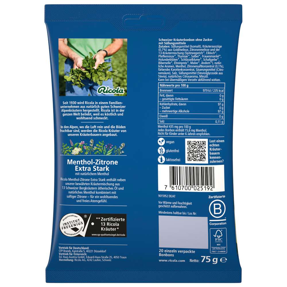Produktabbildung Ricola Bonbons Menthol-Zitrone, extra Stark zuckerfrei