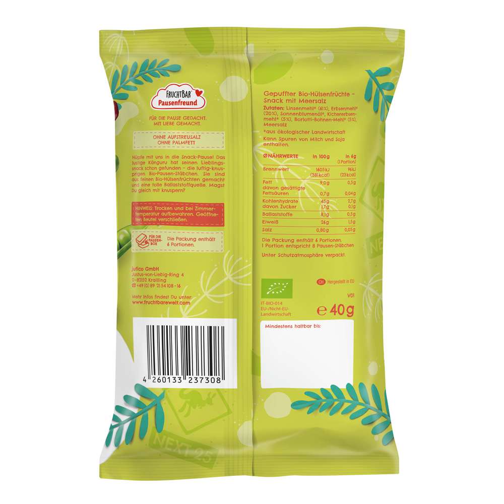 Produktabbildung Fruchtbar Bio-Pausen-Stäbchen, Kichererbsen-Linsen-Erbsen-Bohnen