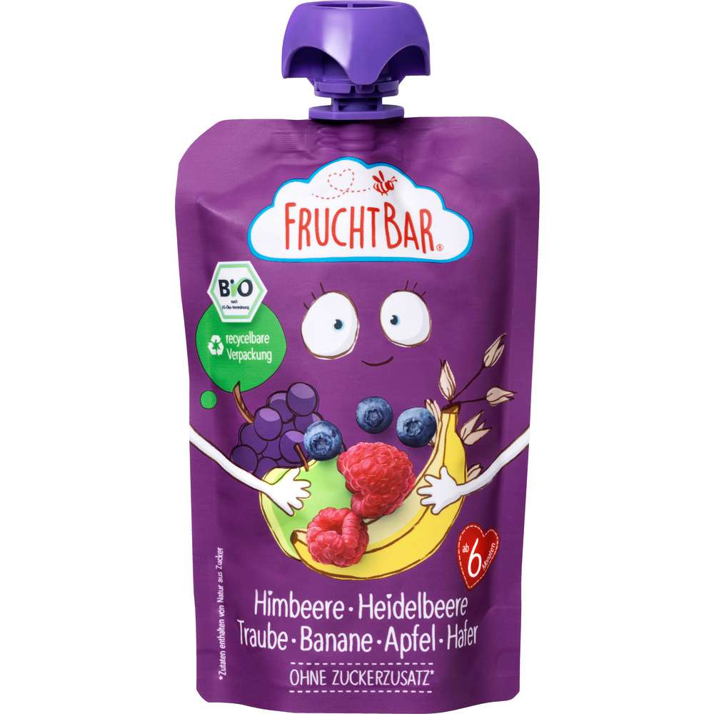 Produktabbildung Fruchtbar Bio Quetschie, Himbeere-Heidelbeere-Traube-Banane-Apfel-Hafer