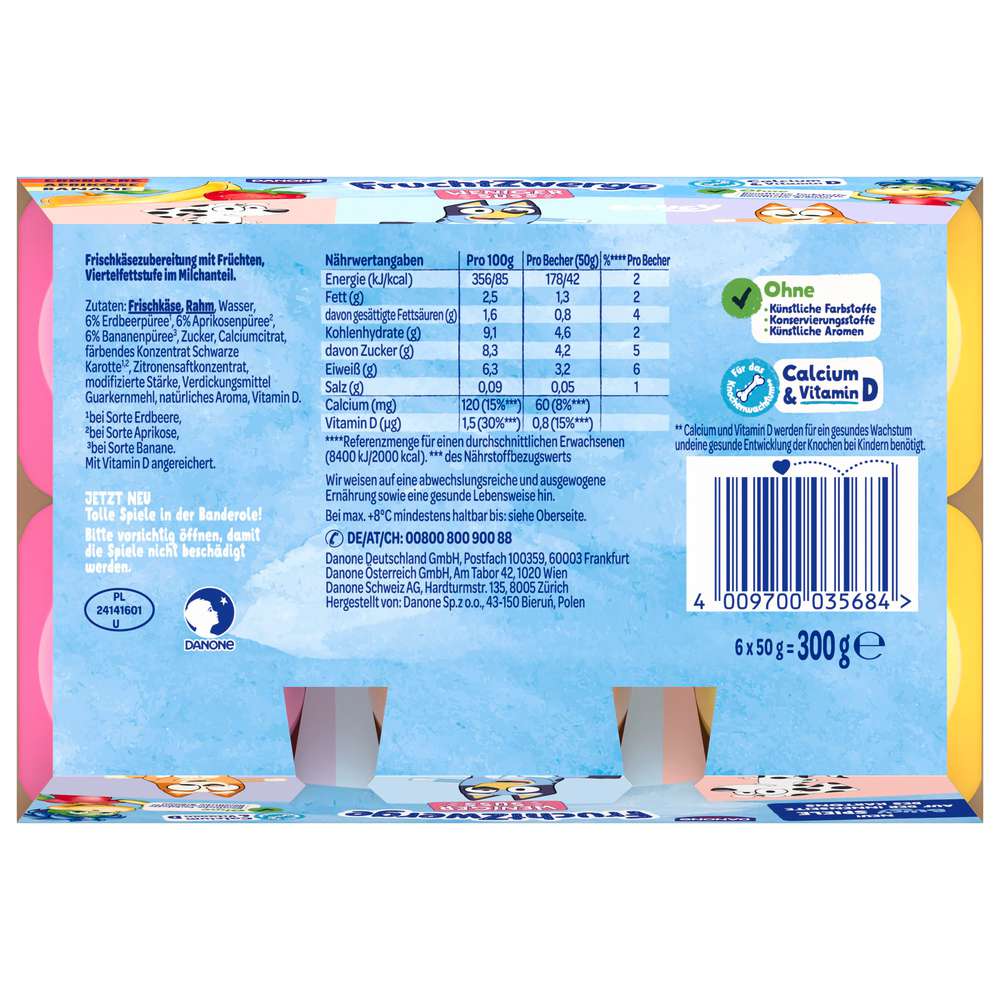 Produktabbildung Fruchtzwerge Fruchtquark weniger süß, Erdbeere/Aprikose/Banane