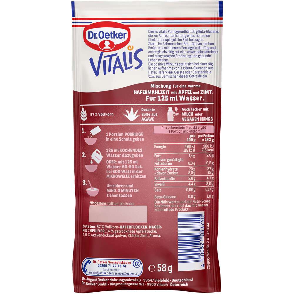 Produktabbildung Dr. Oetker Vitalis Porridge Apfel-Zimt