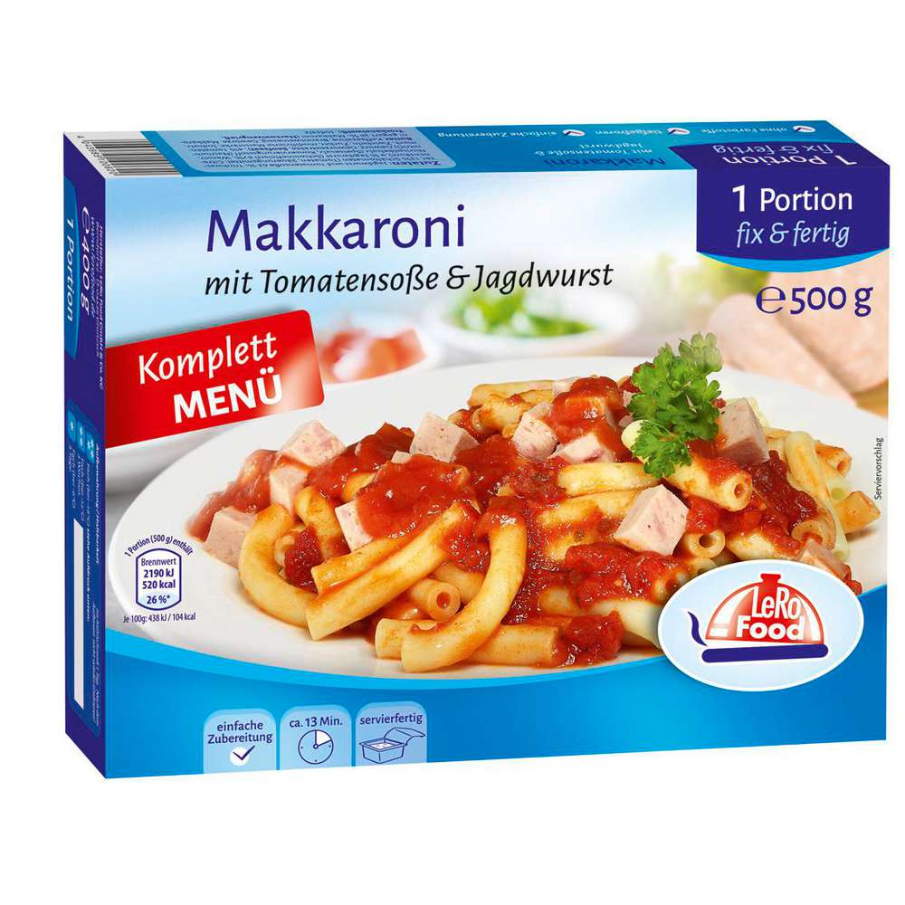 Produktabbildung Lero Food Makkaroni mit Tomatensoße und Jagdwurst, tiefgekühlt