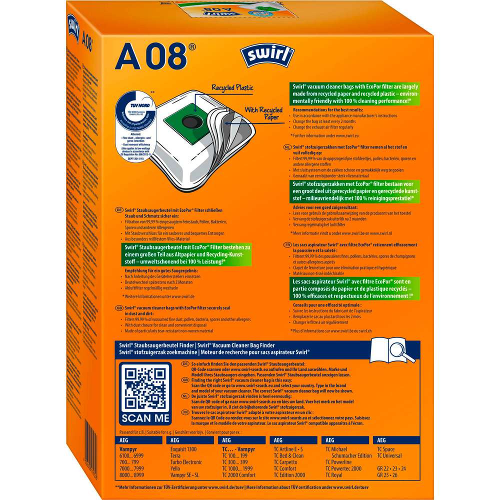 Produktabbildung Swirl Staubsaugerbeutel A 08, safe & clean