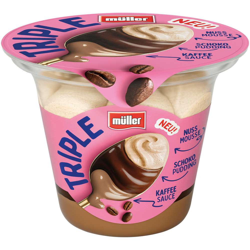 Produktabbildung Müller Triple Dessert, Nussmousse/Schoko Pudding/Kaffeesauce