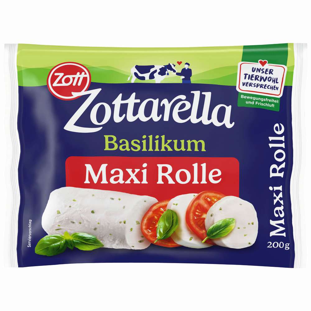 Produktabbildung Zott Mozarella Zottarella, BasilikumRolle, Classic