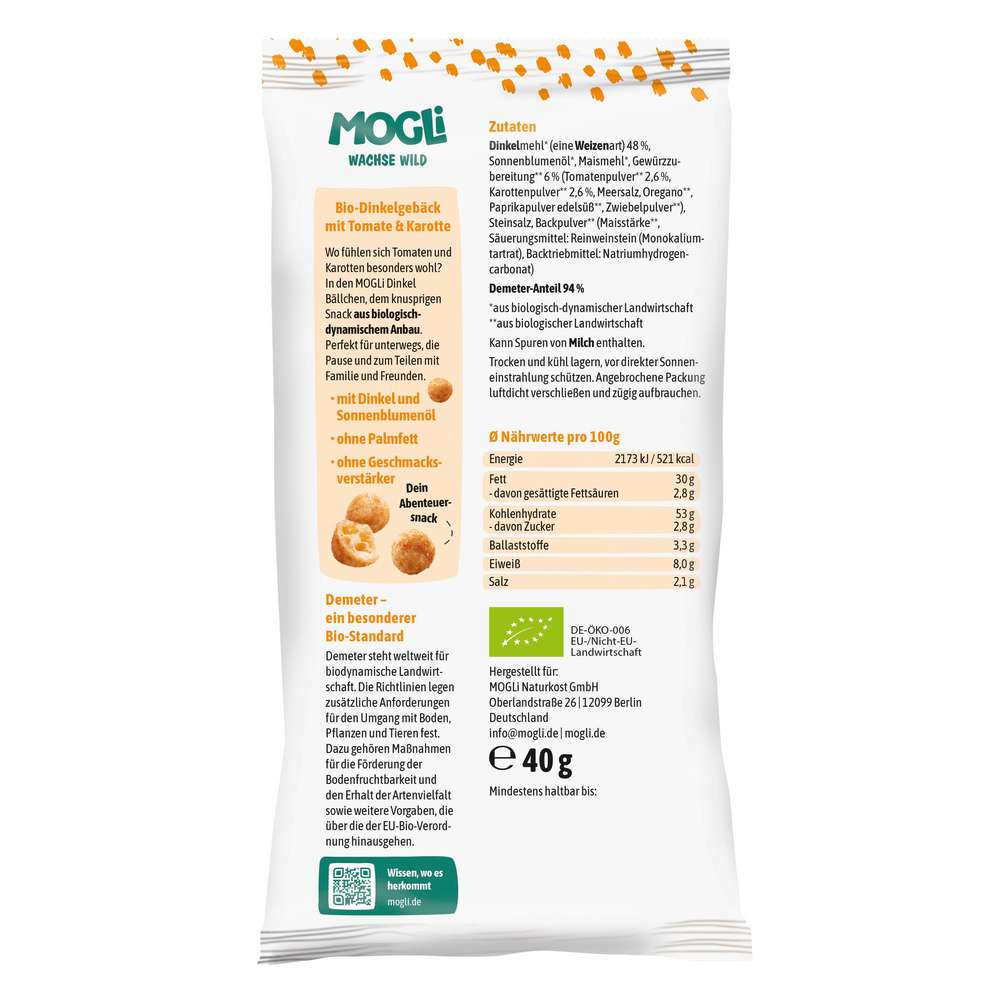 Produktabbildung MOGLi Bio Knabbergebäck Dinkelbällchen, Tomate/Karotte