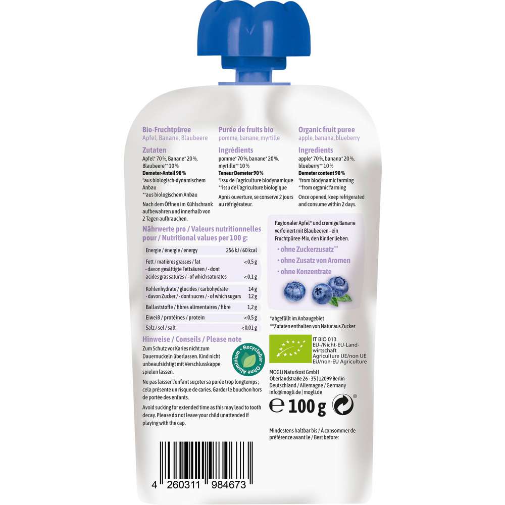 Produktabbildung MOGLi Quetschie, Blaubeer/Apfel/Banane