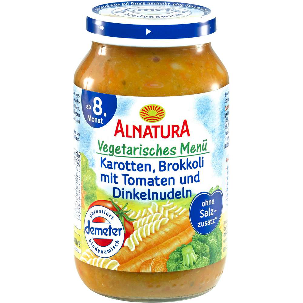 Produktabbildung Alnatura Bio Babynahrung Menü, Karotte/Brokkoli/Tomaten mit Dinkelnudeln
