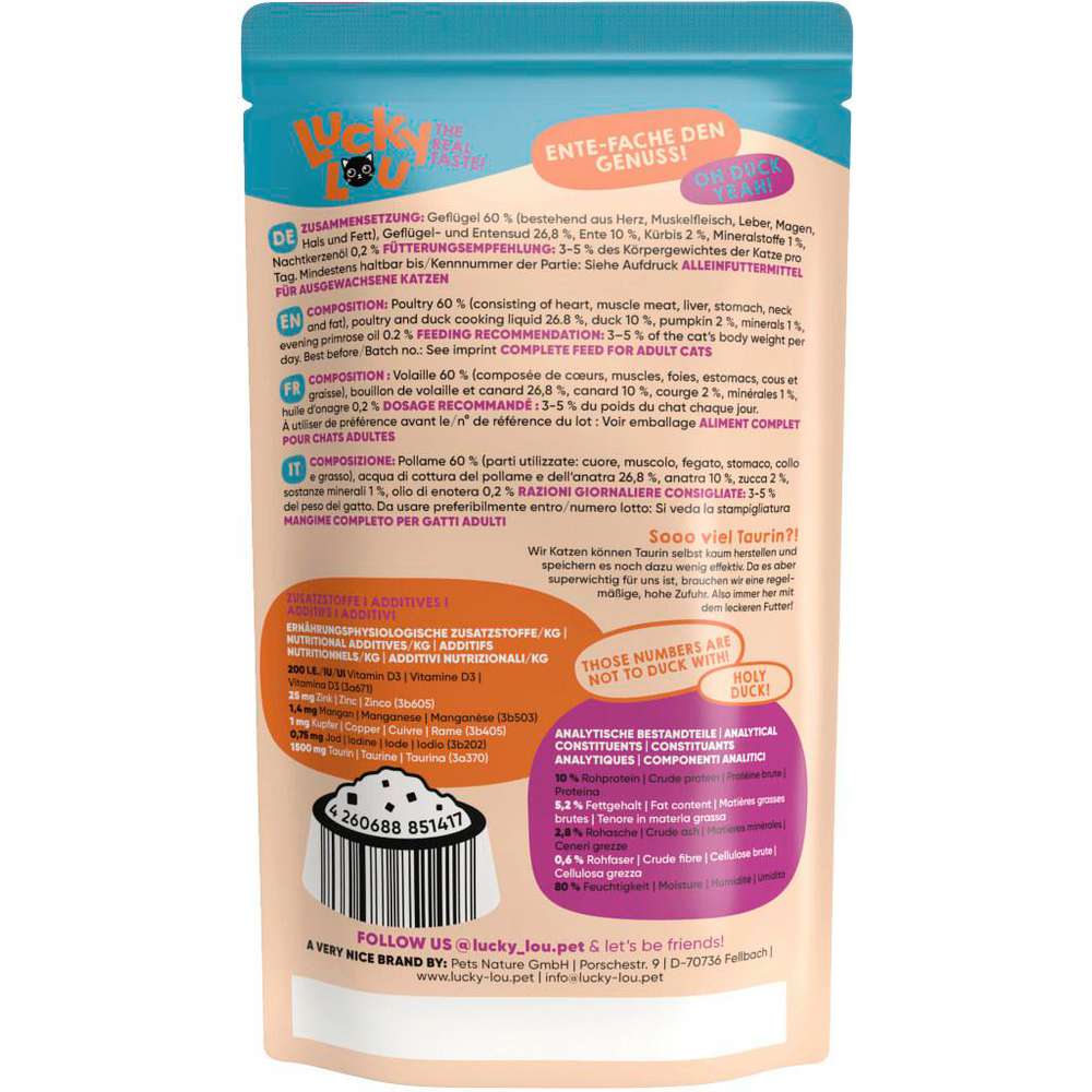 Produktabbildung Lucky Lou Katzen-Nassfutter, Geflügel & Ente mit Kürbis