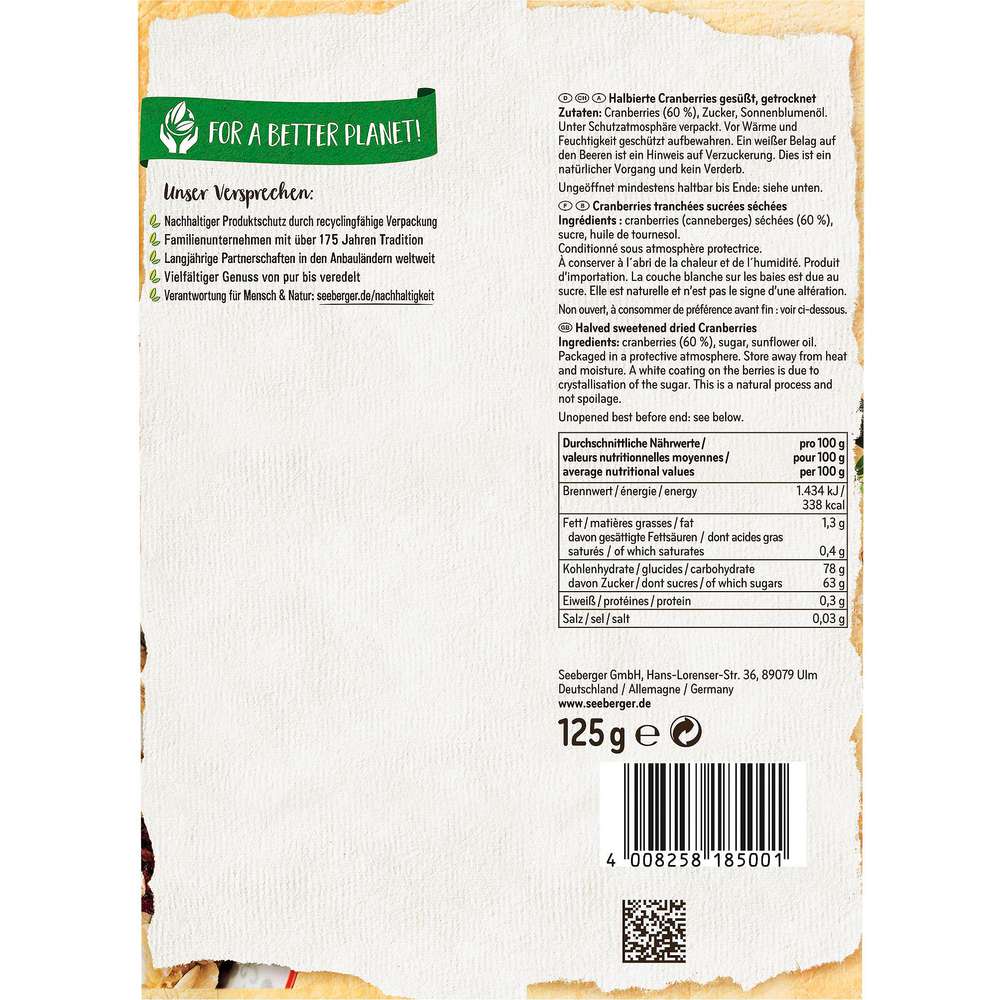 Produktabbildung Seeberger Cranberries gesüßt, getrocknet