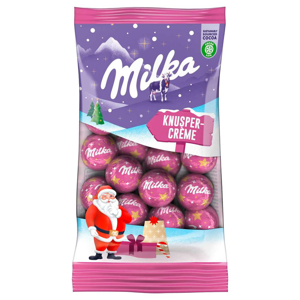 Produktabbildung Milka 	
Kleine Schokoladen-Kugeln, Knusper Creme