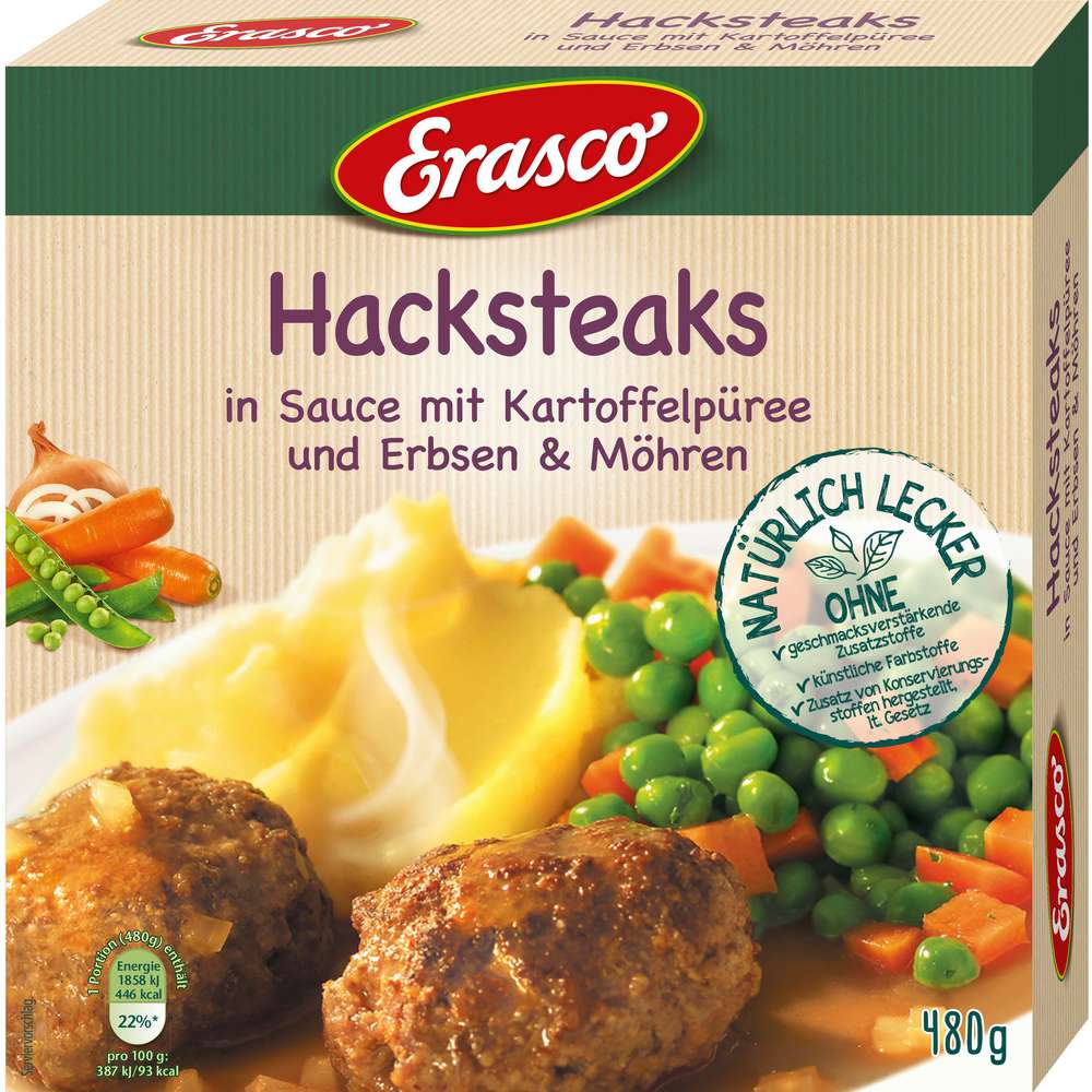 Produktabbildung Erasco Hacksteaks in Sauce mit Kartoffelpüree, Erbsen & Möhren