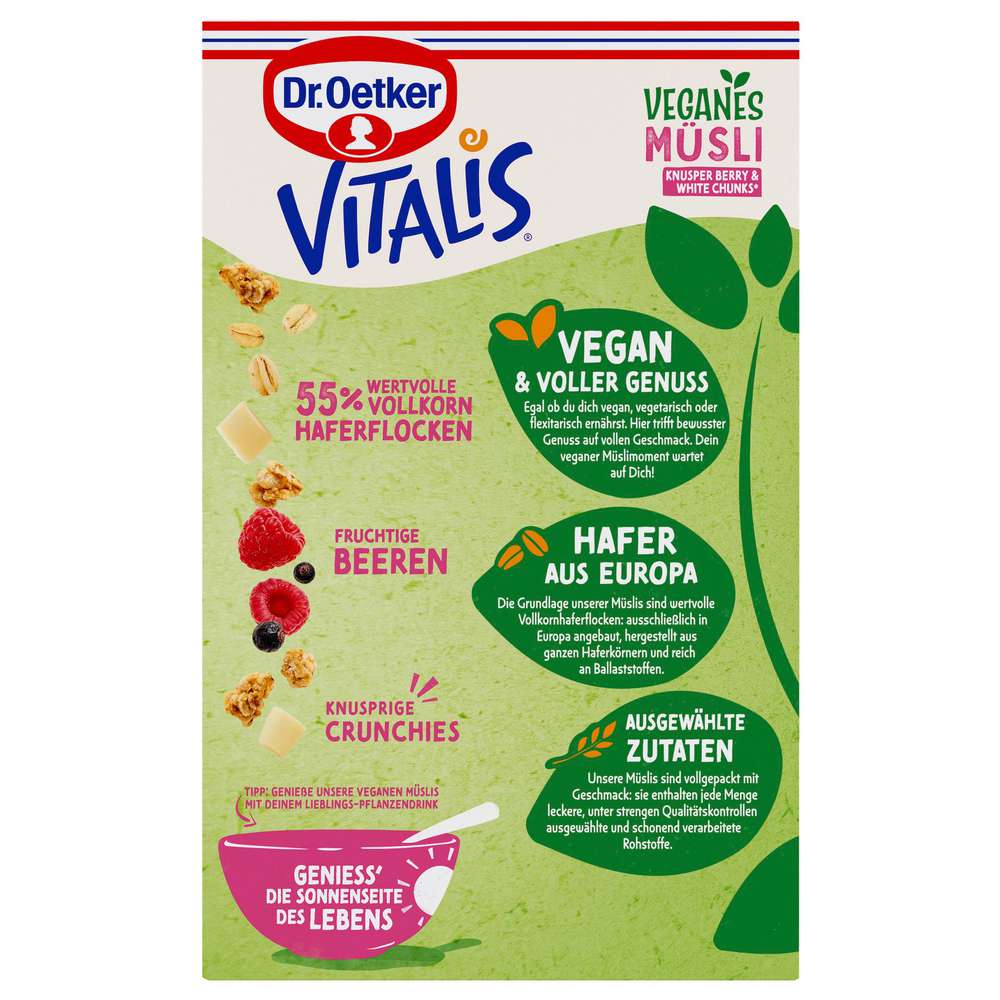 Produktabbildung Dr. Oetker Vitalis Knusper Müsli Vegan, Berry White Choc