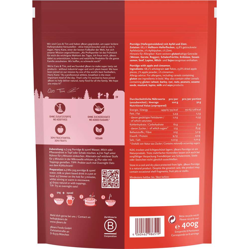 Produktabbildung 3Bears Porridge, Zimtiger Apfel