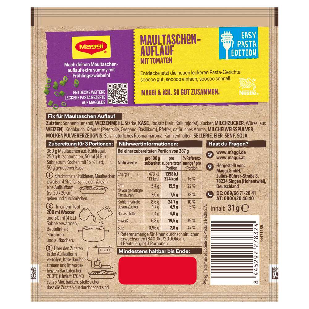 Produktabbildung Maggi Maultaschen Auflauf mit Tomaten, Easy Pasta Edition