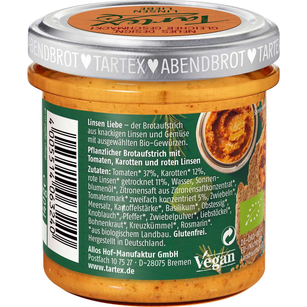 Produktabbildung Tartex Linsen Liebe Brotaufstrich, Rote Linsen & Italienische Kräuter