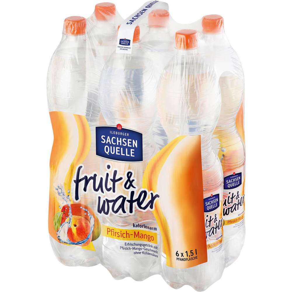 Produktabbildung Ileburger Sachsen Quelle Wasser mit Geschmack Fruit & Water, Mango-Pfirsich-Geschmack (6x 1,500 Liter)