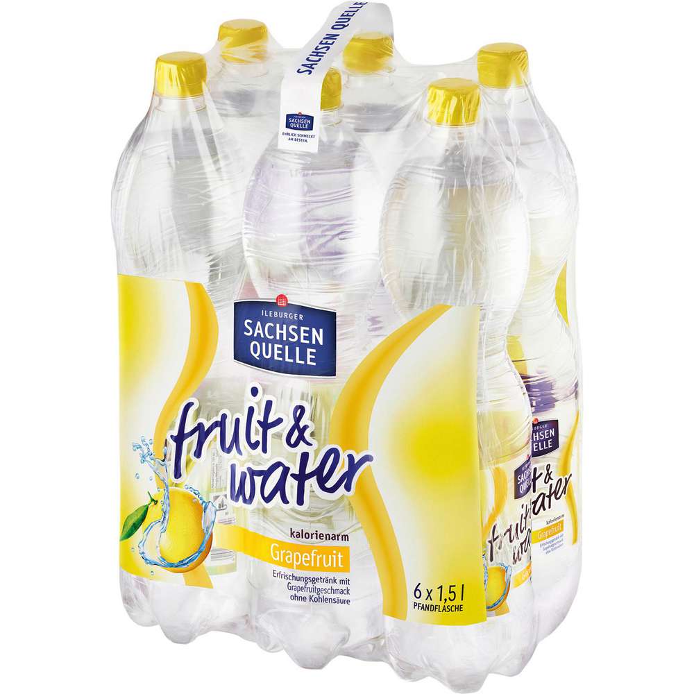Produktabbildung Ileburger Sachsen Quelle Grapefruit Mineralwasser Fruit & Water, ohne Kohlensäure, kalorienarm (6x 1,500 Liter)