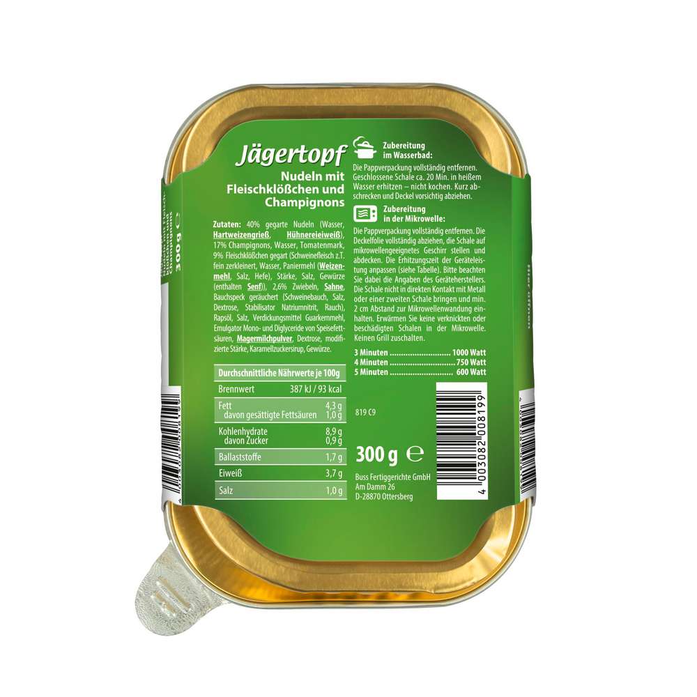 Produktabbildung Buss Jägertopf - Nudeln mit Fleischklößchen & Champignons