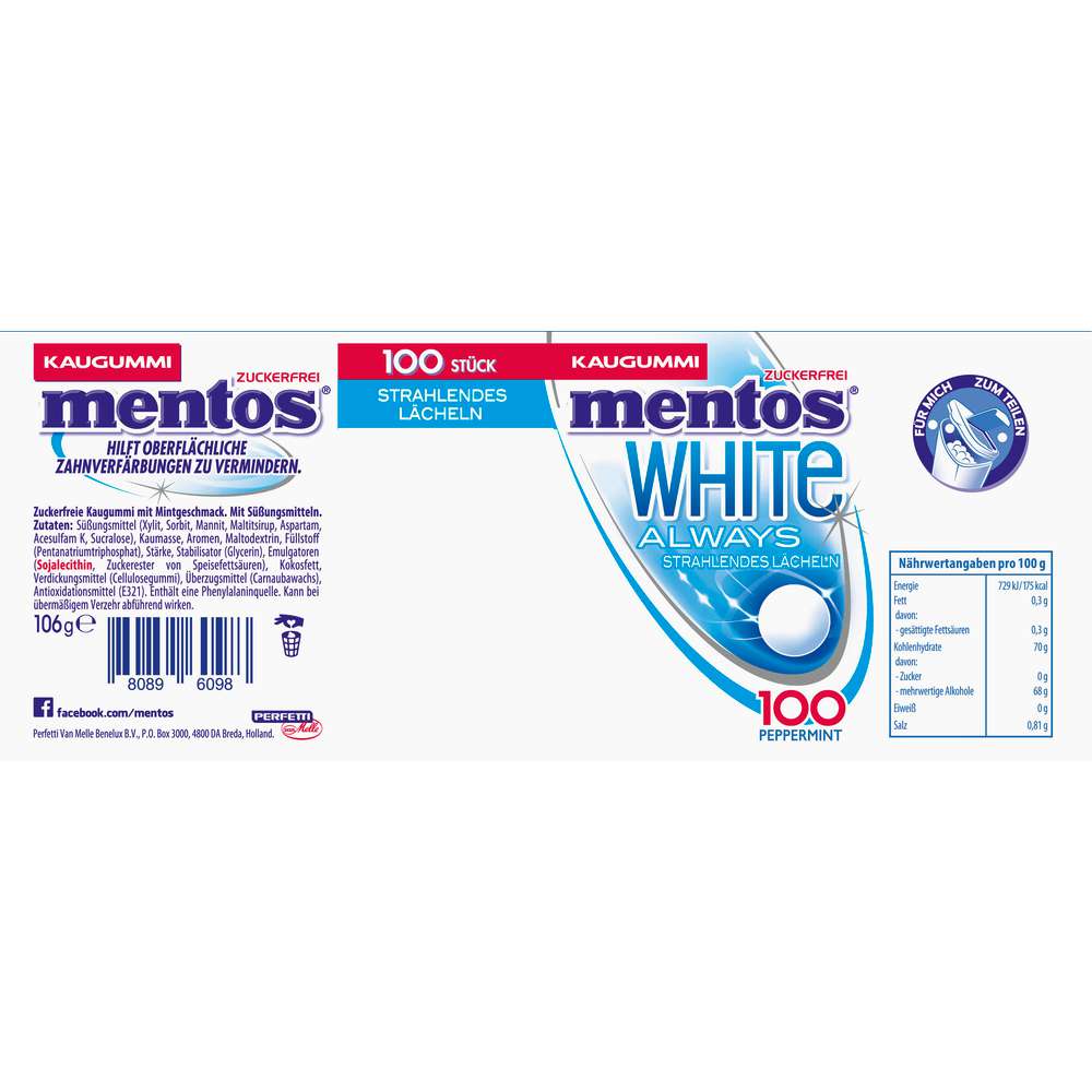 Produktabbildung Mentos White Kaugummi Pfefferminze, zuckerfrei