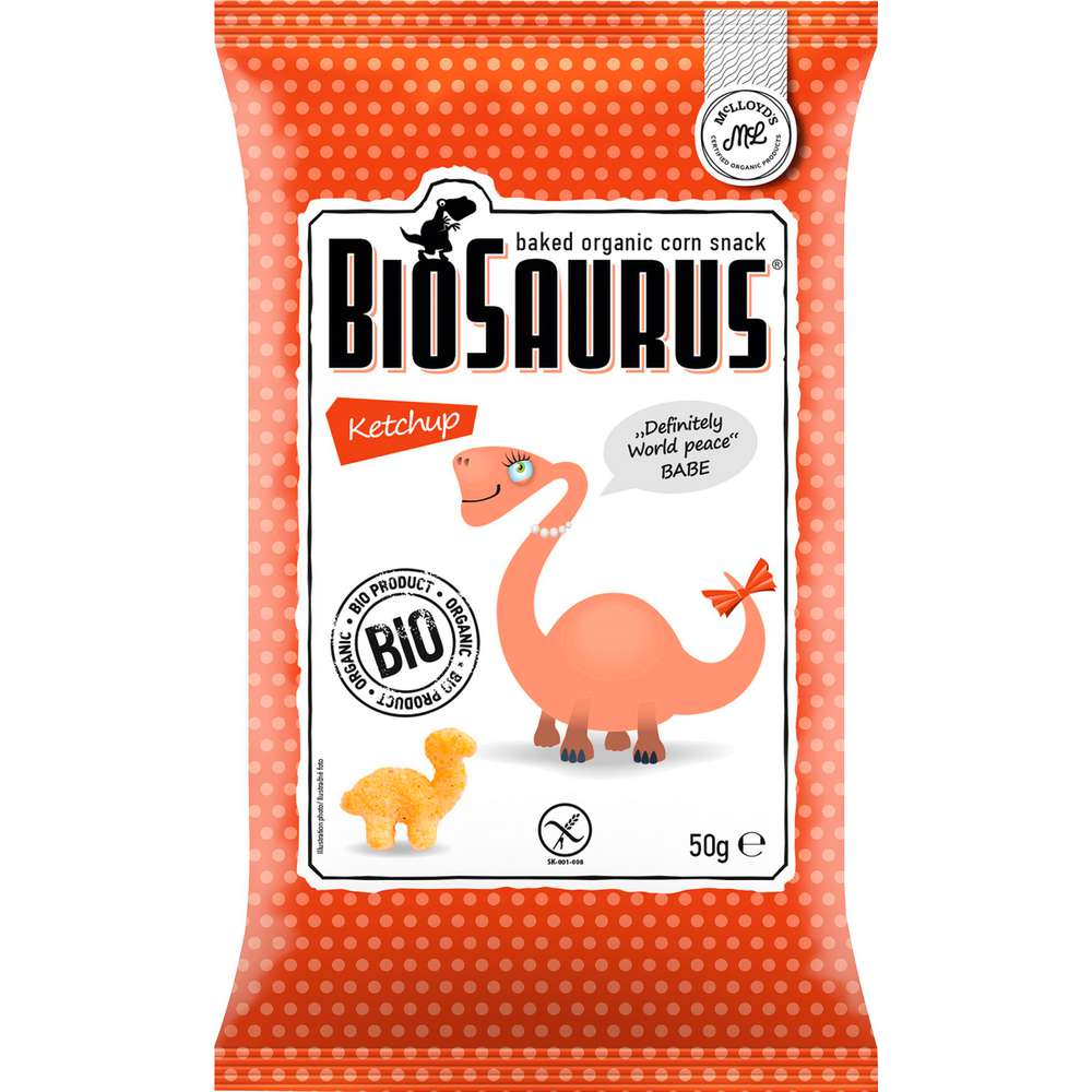 Produktabbildung BioSaurus Baked Organic Corn Snack Ketchup 