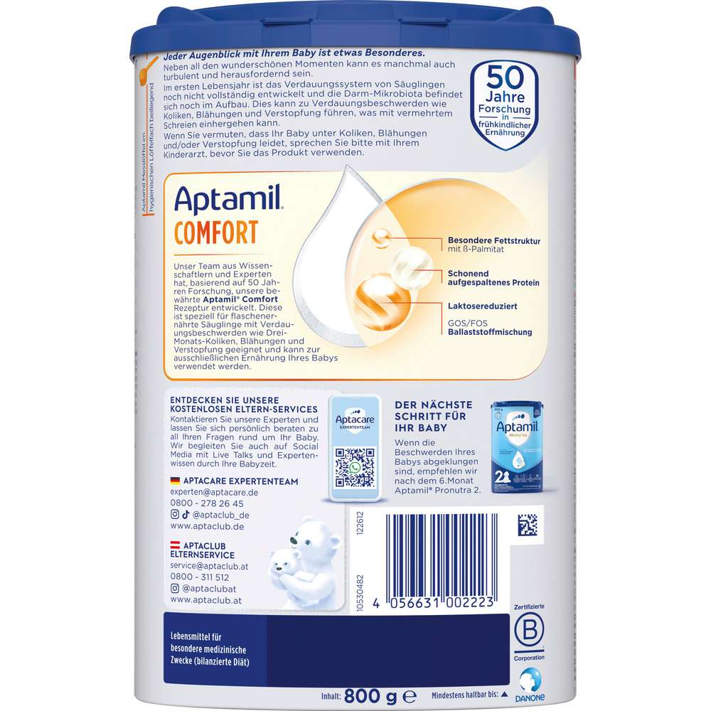 Produktabbildung Aptamil Spezialnahrung Comfort, zum Diätenmanagement bei Drei-Monats-Koliken, Blähungen & Verstopfung