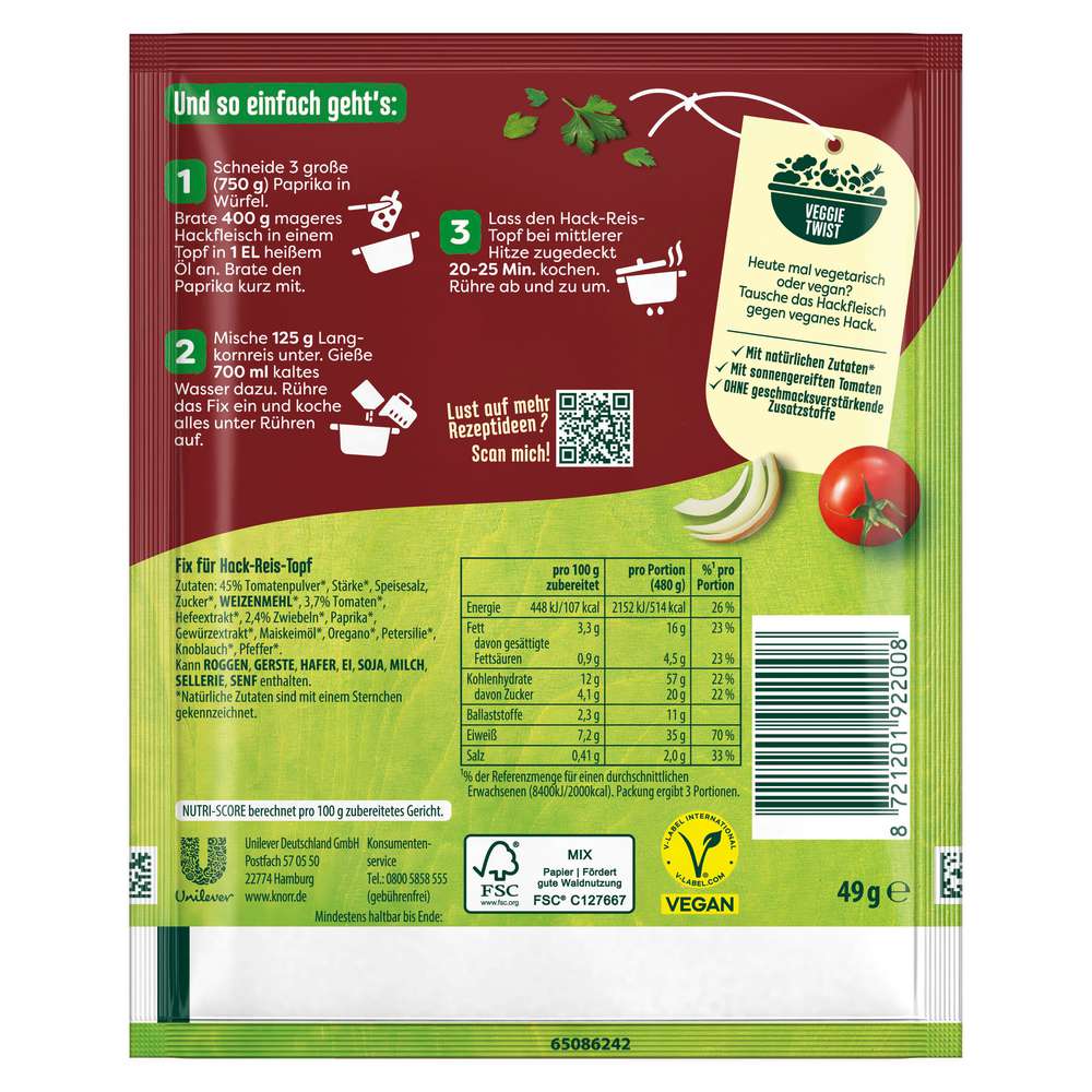 Produktabbildung Knorr Fix Würzmischung, Hack-Reis Topf