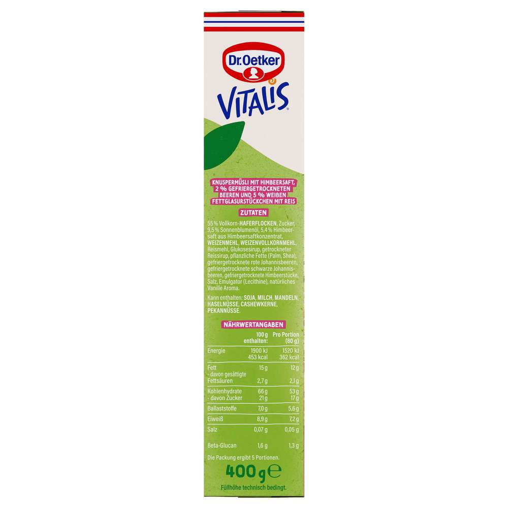Produktabbildung Dr. Oetker Vitalis Knusper Müsli Vegan, Berry White Choc