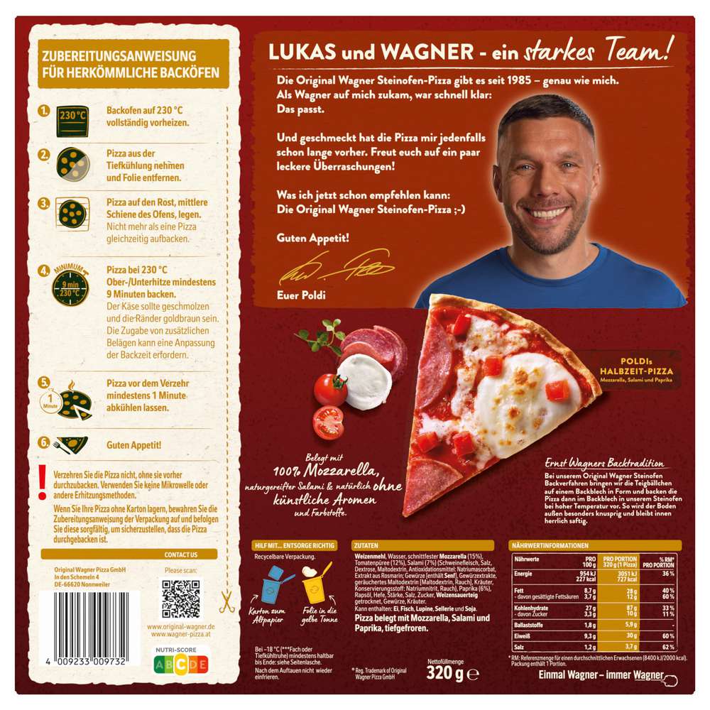 Produktabbildung Wagner Steinofen Pizza Poldis Halbzeit Mozzarella/Salami/Paprika, tiefgekühlt