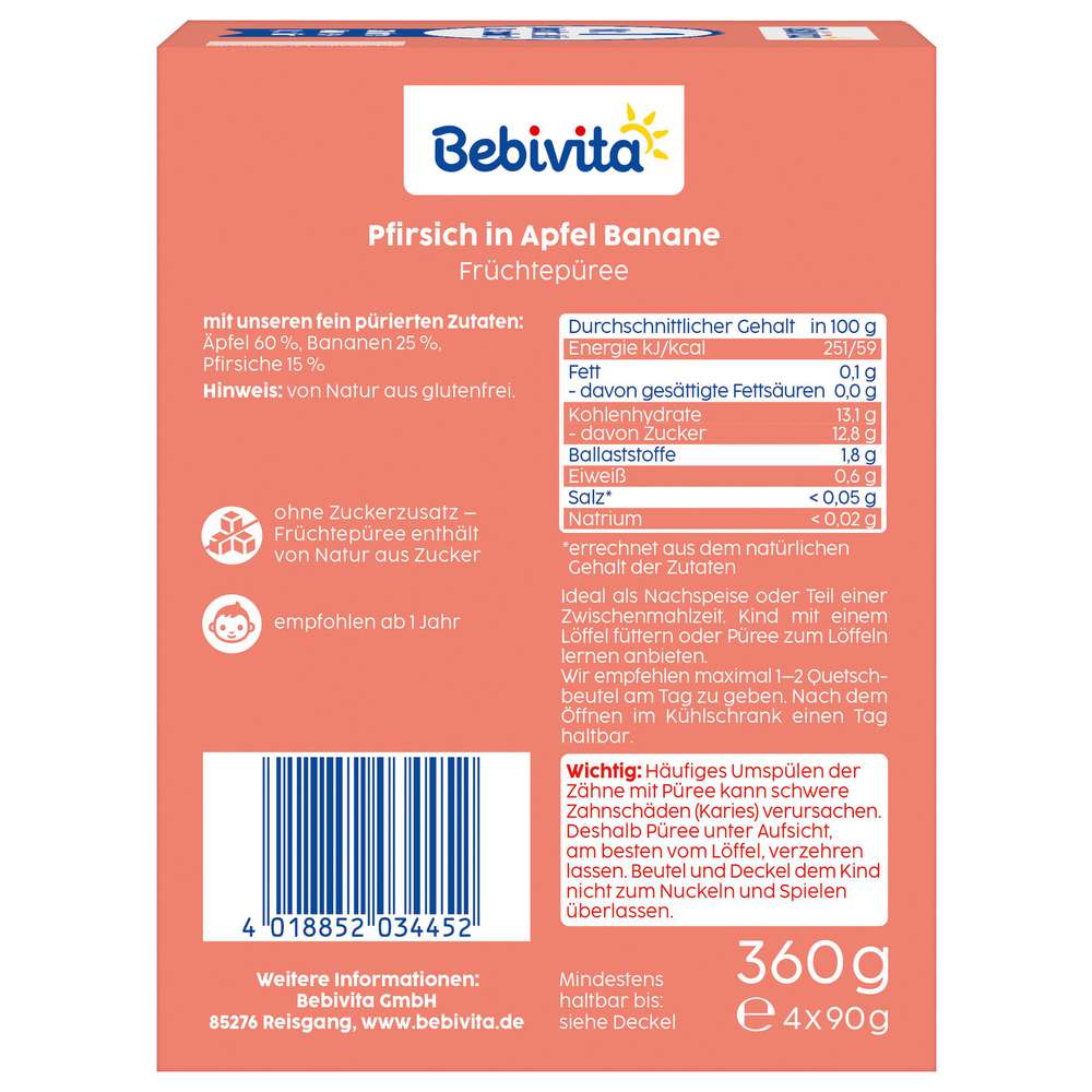 Produktabbildung Bebivita Quetschie Pfirsich in Apfel Banane, 4x90 g
