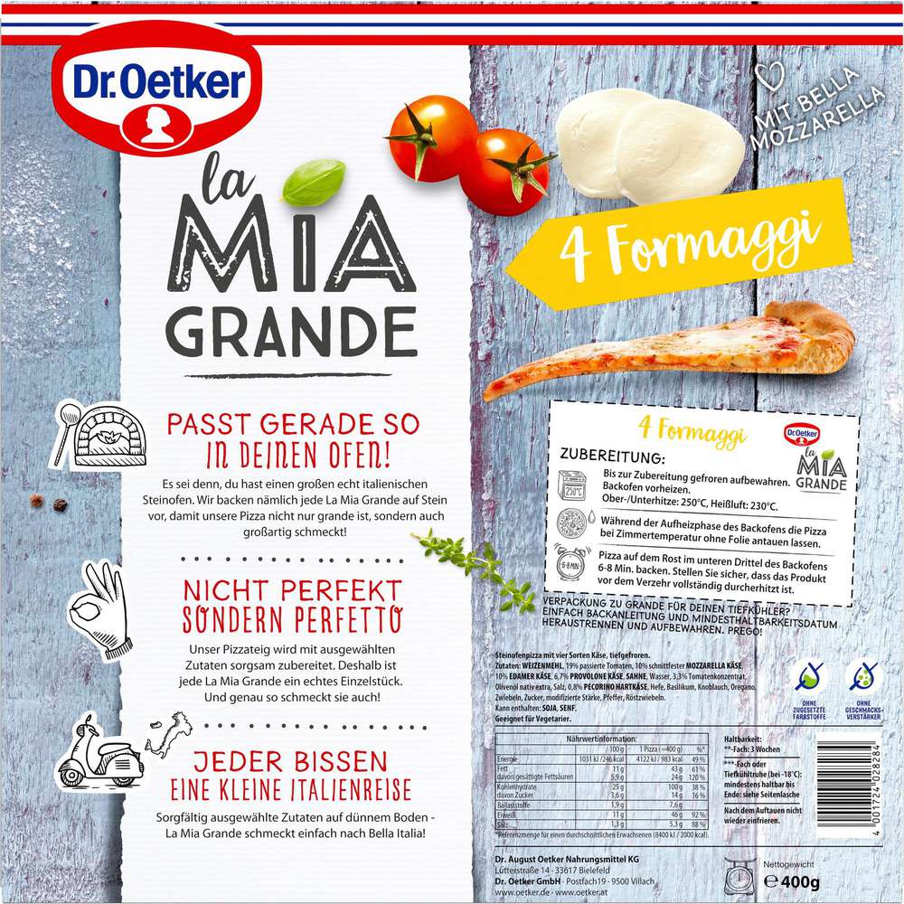Produktabbildung Dr. Oetker Pizza La Mia Grande 4 Formaggi, tiefgekühlt